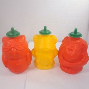 Vintage Rax Restaurants Sippy Cup Juice Bottle Owl Monkey Frog Plastic Sipper